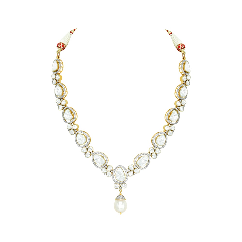 Teardrop Polki Necklace with Diamonds and Pearl Drop